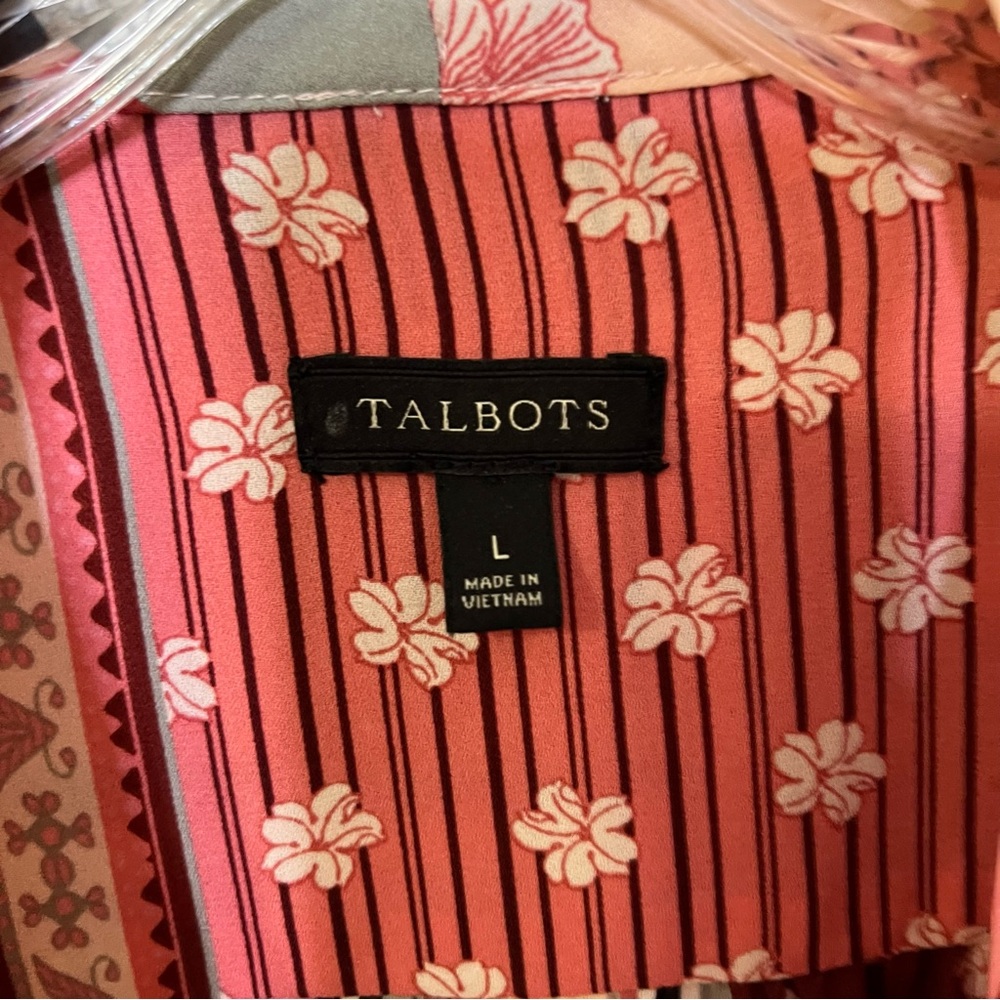 Talbots Red Pink Gray Tie Neck Patchwork Blouse T… - image 3